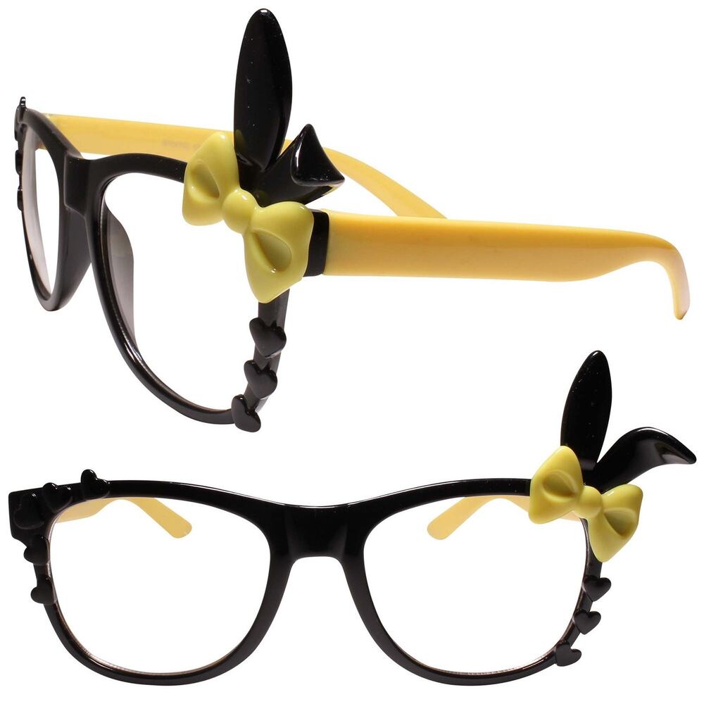 Bunny Ears Fun Party Colorful Cute Heart Accent Black Yellow Clear Lens Glasses